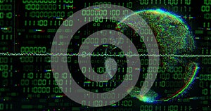 Image of globe with binary coding and data processing over dark background