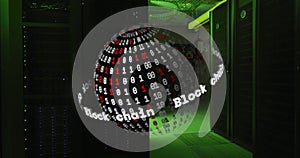 Image of globe with binary coding and digital data processing over computer servers