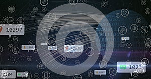 Image of globe with binary coding and network of social media icons and numbers