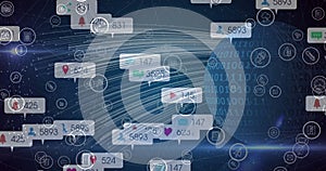 Image of globe with binary coding and network of social media icons and numbers