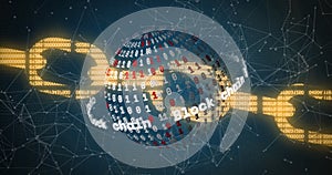 Image of globe with binary coding over network of connections on black background