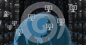 Image of globe and computer icons over computer servers