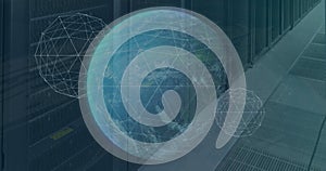 Image of globe, connected dots forming globes and programming language over data server racks