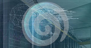 Image of globe, connected dots forming globes and programming language over data server racks