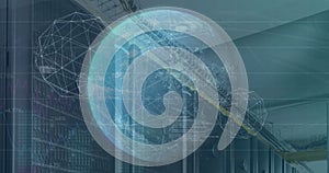 Image of globe, connected dots forming globes and programming language over data server racks