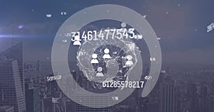Image of globe of connections with data processing and icons over cityscape