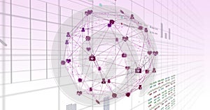 Image of globe with connections and data processing over grid