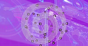 Image of globe with connections and data processing over purple background