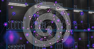 Image of globe with connections over computer servers