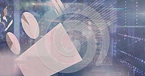 Image of globe and data processing on graphs and charts over computer server room