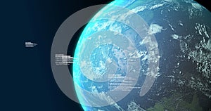 Image of globe and data processing on navy background