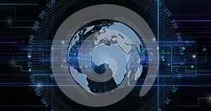 Image of globe with data processing and network of connections over black background