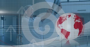 Image of globe and data processing over business man using tablet