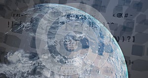 Image of globe and data processing over digital cityscape