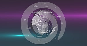 Image of globe with data processing over light trails on black background
