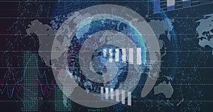 Image of globe and data processing over network of connections on black background