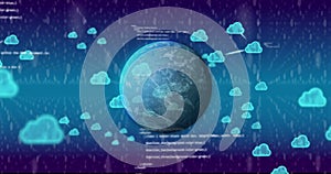 Image of globe and data processing over network of icons