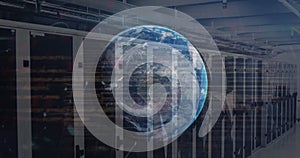 Image of globe, data processing and plexus networks against computer server room