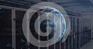 Image of globe, data processing and plexus networks against computer server room