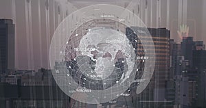 Image of globe and digital data processing over cityscape