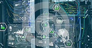 Image of globe and digital data processing over computer servers