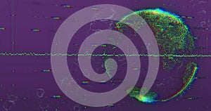 Image of globe, digital data processing over purple background