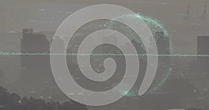 Image of globe and financial data processing over cityscape