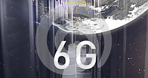 Image of globe and 6g text and dots over server room in background photo