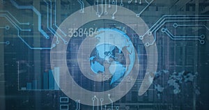 Image of globe, graph, circuit board pattern and changing numbers over data server system