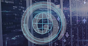 Image of globe icon and digital data processing over computer servers