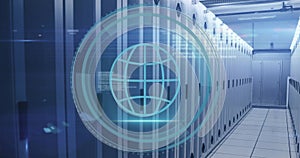 Image of globe icon and digital data processing over computer servers