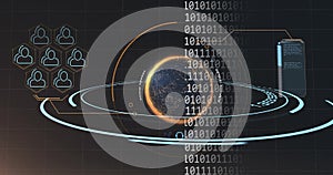 Image of globe icons and binary coding and data processing over dark background