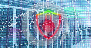Image of globe and network of connections with online security padlock over binary coding
