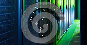 Image of globe with network of connections over computer servers