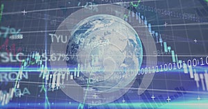 Image of globe and network of connections over data processing on black background