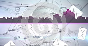 Image of globe with networks of connections and cityscape