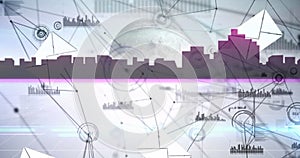 Image of globe with networks of connections and cityscape