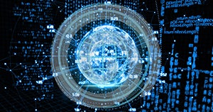 Image of globe with numbers rotating over binary codes and computer language
