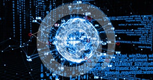 Image of globe with numbers rotating over binary codes and programming language