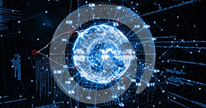 Image of globe with numbers rotating over binary codes and programming language