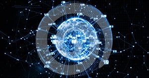 Image of globe with numbers rotating over binary codes and programming language
