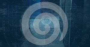 Image of globe, online security padlock and data processing over computer servers
