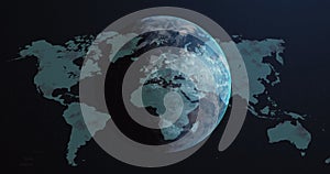 Image of globe over world map and data processing