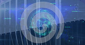Image of globe rotating and multiple graphs with numbers over data server racks
