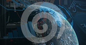 Image of globe rotating over data and graphs on black background