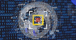 Image of globe and scanner over data processing and binary coding on black background
