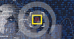 Image of globe and scanner over data processing and binary coding on black background