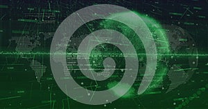 Image of globe and world map over data processing