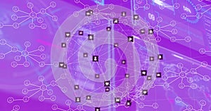 Image of globes of digital icons and network of profile icons against purple gradient background