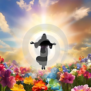 image of glorious resurrection of Jesus with colorful new beginning and colorful spring flowers.